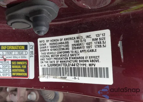 2013 Honda Cr-V Ex-L from USA, damaged, VIN 5J6RM3H77DL014412